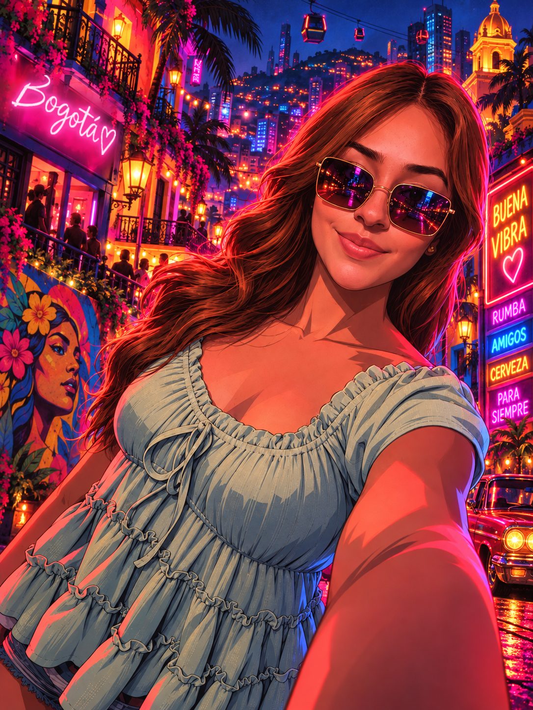 GATIKAT on a neon-lit Bogotá street at night, sunglasses on, smiling