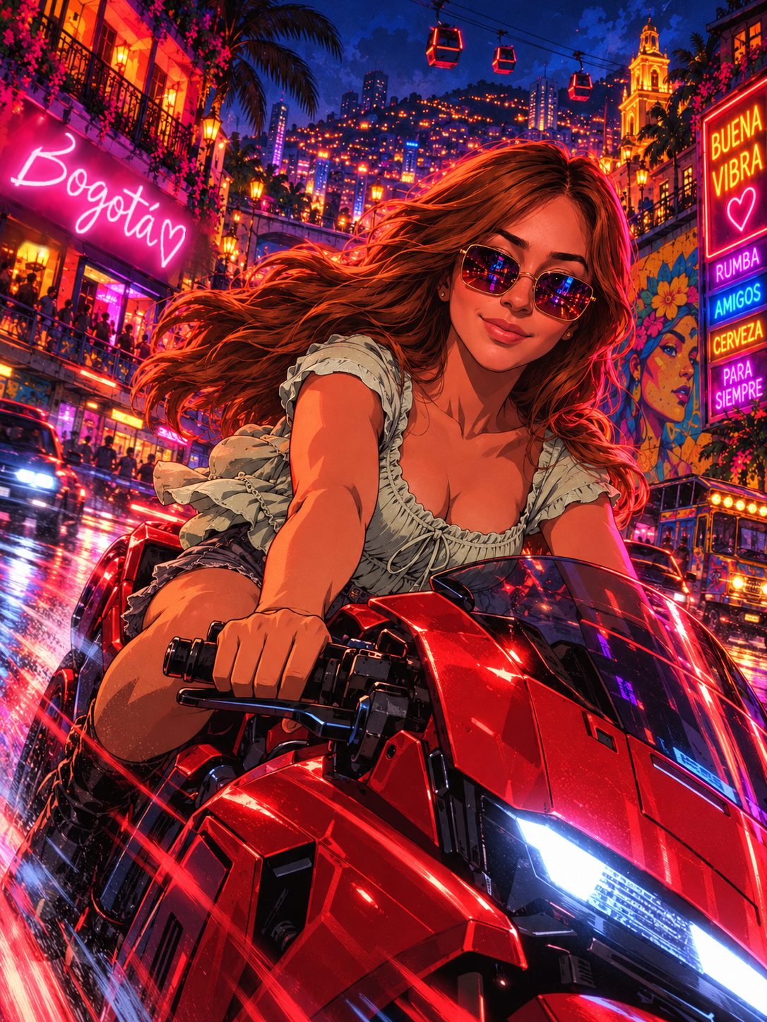 GATIKAT riding a red motorcycle through neon-lit Bogotá streets